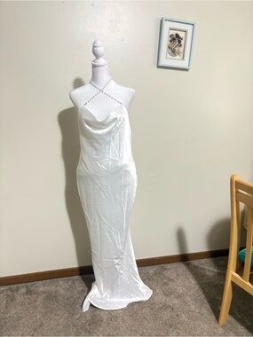 SHEIN White Strapless Satin Slip Dress with Beaded Halter Detail
